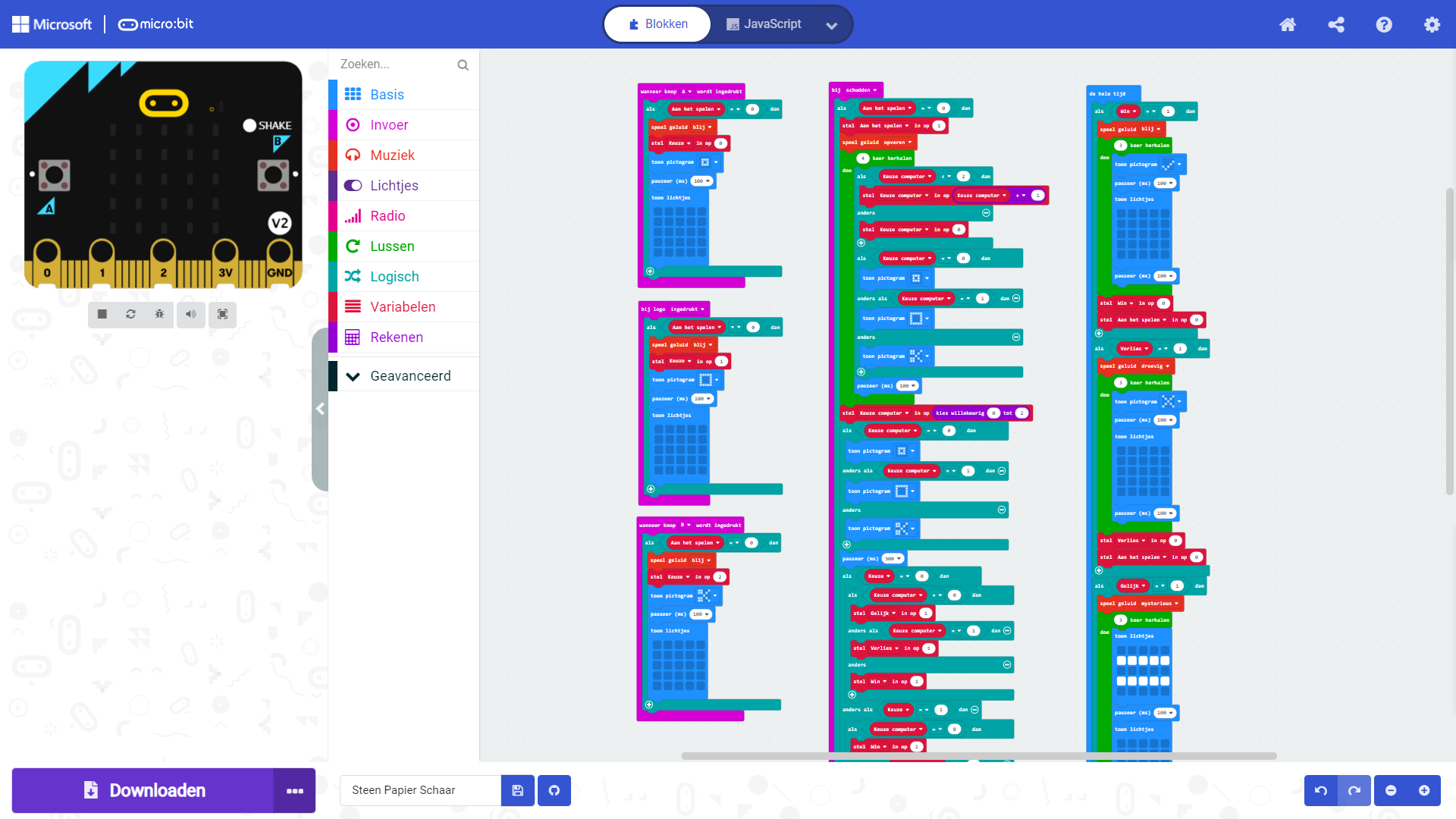 Microsoft MakeCode editor, met de blokken.