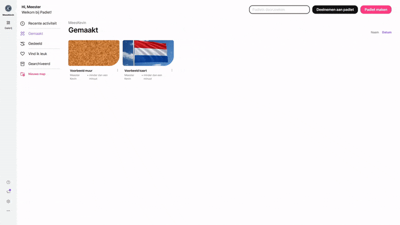Een GIF die laat zien hoe je padlets archiveert en dat ongedaan maakt.