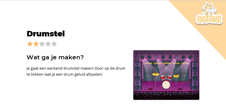 De bovenkaart van de Scratch programmeerkaart 'Drumstel', met twee van de vijf sterren en uitleg.