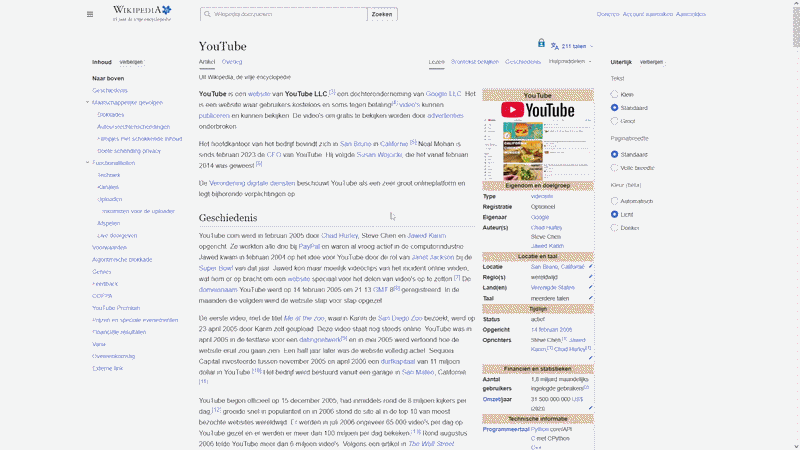 Een GIF die laat zien hoe je van de Wikipedia pagina YouTube naar de pagina Pepernoot komt, zoals hierboven beschreven.